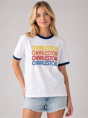 Charleston Retro Ringer Graphic Tee Blue Trim L Vintage T-Shirt 25922